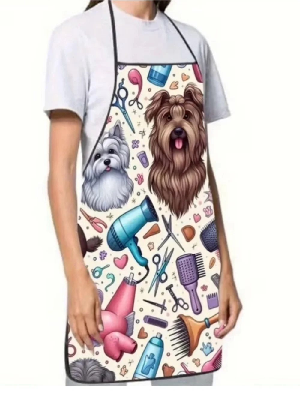 Dog Grooming Pattern Apron in Cream OS Adjustable NWT